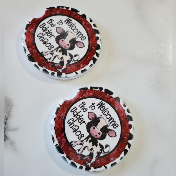 Set Of 2 Ceramic Car Coasters Welcome to the Udder Chaos Cow - Picture 6 of 6